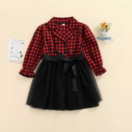 Autumn Baby Girls Christmas Dress Waistband Suit Toddlers Children's Long Sleeve Lapel Neck Buttons Loose Party Casual Mesh Midi G1026