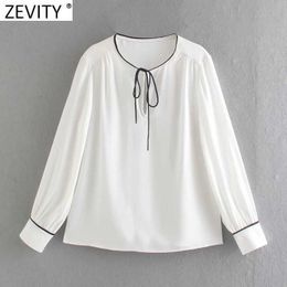 Zevity Women Sweet Black Edge White Chiffon Smock Blouse Female Pleats Long Sleeve Kimono Shirt Chic Blusas Tops LS7654 210603