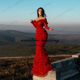 Sexy Red Evening Dress Ruffles Tulle Mermaid Prom Gowns Long Sleeves 2021 engagement dresses vestido de fiesta de boda