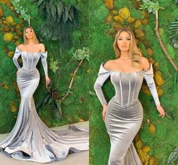 2022 Velvet unique Square Neckline Evening Dresses Formal Wear Long Sleeves Off The Shoulder Mermaid Pagenat Prom African Women Dress Gowns