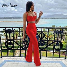 Women's Bandage Set 2 Pieces Strap Sleeveless Bustiers And Long Bell-Bottoms Trousers Sexy Celebrity Party Sheath Vestidos 220315