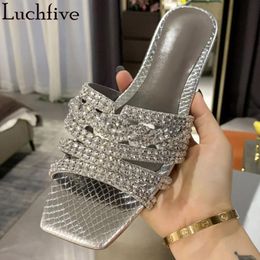 Slippers Silver Crystals Women Open Toe Mule Sandals Summer Flats Shoes Textured Rhinestones Ladies Woman