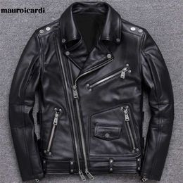 Mauroicardi Spring Black Leather Motorcycle Jacket for Men Style Long Sleeve Zipper Pockets Mens Leather Jackets and Coats 211111