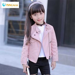 girls pu jacket rivet zipper cool Leather clothing for 5-13 years oldClassic collar leather motorcycle 211204