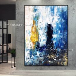 Large Abstract Blue Gold Hand Painted Canvas Oil Paintings Modern Textured Palette Knife Picture Wall Art For Home Decoration 210310