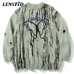 LENSTID Men Hip Hop Knitted Jumper Sweaters Butterfly Ink Graffiti Streetwear Harajuku Autumn Oversized Hipster Casual Pullovers 210812