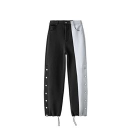 Spring Summer Black-and-white Color Matching High Waist Split Drawstring Casual Pants for Women 210615