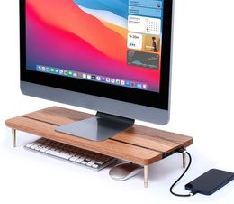 Monitor Stand Wood Riser with 4 USB Ports, Computer Monitor Stand with Red Oak Data Transfer Charging Hub -Compatible with Computer, Mac, PCs, Smartphone, iPhone, and Tablet