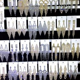 fashion bow heavy industry large tassel long zircon Rhinestone Dangle Chandelier Earrings Shiny 925 silver needle mix 10 style