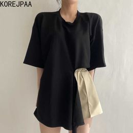 Korejpaa Women T-shirt Korea Summer Simple Round Neck Loose Solid Color Joker Irregular Design Short Sleeve Tee Top Female 210526