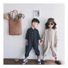 Spring Autumn boys girls solid color linen long sleeve jumpsuits Korean style Toddler Kids soft loose bodysuits 1-7Y 211101
