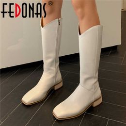 Fashion Cambat Boots For Women Knee High Genuine Leather Thick Heels Shoes Wedding Office Lady Woman 210528