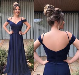 Dark Navy Chiffon Bridesmaid Dresses Spaghetti Straps Off The Shoulder Ruched Pleats Ribbon Floor Length Maid Of Honor Gown Vestidos 403 403