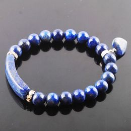 WOJIAER Natural Stone Beads Lapis Lazuli Strand Bracelets & Bangles Heart Shape Charm Fitting Women Jewelry Love Gifts K3315