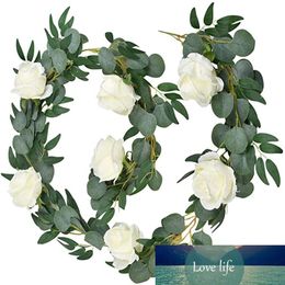 2M Artificial Green Eucalyptus Garland Leaves with Champagne Roses for Wedding Backdrop Flower Arch Table Runner Baby Shower