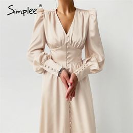 Simplee Elegant spring satin bishop sleeve a-line dress women V-neck high waist button dress solid Vintage long dresses chic 210309