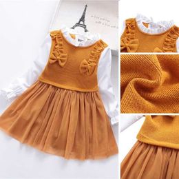 kids Dress Spring Autumn Girls Cute Mesh Stitching Bow Princess Dress Toddler Girl Long-Sleeved Sweet Dress Children Clothing Q0716