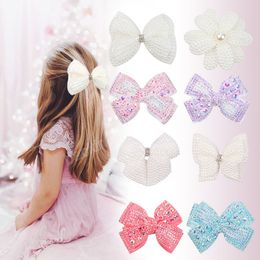 Double Layer Handmade Bowknot Baby Girls Hair Clips Cute Pearls Flower Infant Barrettes DIY Princess Headwear Photography Props