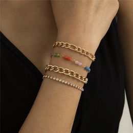 Colorful Acrylic Beaded Chains Bracelets Women Metal Full Diamond Hand Jewelry Sets Business Party Gold Chain Link Accessories