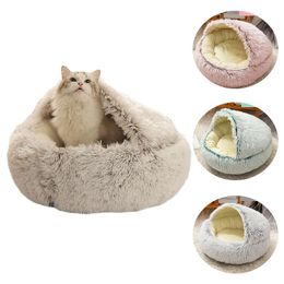 Cat Beds & Furniture Round Bed House Long Plush Calming Pet For Cats Dog Indoor Semi Closed Cushion Mat Sofa Kennel Lounger Fleece Supply