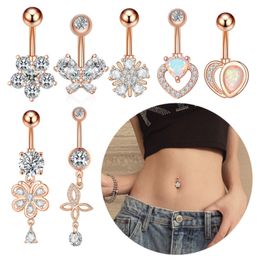 316L Stainless Steel Heart Belly Button Ring 14G Zircon Dangle Flower Navel Piercing Jewelry For Women