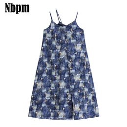 Spaghetti Strap Sweet Fashion Female Dresses Print Pleated Summer Beach Split Midi Dress Vintage Chic Sundresses Clothing 210529