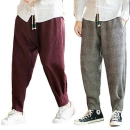 Men Winter Thicken Wool Harem Pants Men's Warm Oversize Trousers Male Casual Plaid Woolen Solid Color Close