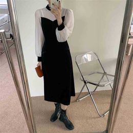 Black Elegant Streetwear Puff Sleeves Lady O-Neck Mesh Patchwork Slim Women All Match Dresses Vestidos 210525