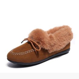 Boots Winter Flat Bow Peas Shoes Comfortable Low To Help Plus Velvet Warm Women