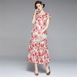 Runway Hydrangea Floral Fall Dress Women Flower Print Diamond Buttons Pleated Chiffon Dresses 210603