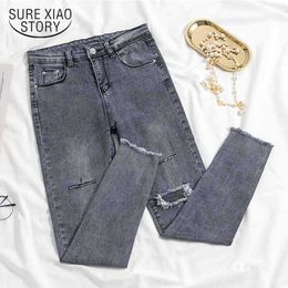 Korean Fashion High Waist Denim Jeans Gray Denim Elastic Trousers for Ladies Hole Button Women Pencil Pants Pantalon 11721 210527