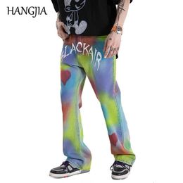 Harajuku Streetwear Slim Fit Flare Jeans Mens Women Hip Hop Tie Dye Wide Leg Jeans Fashion Graffiti Love Flare Pants Jean 2021 C0607