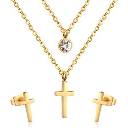 Earrings & Necklace LUXUKISSKIDS Stainless Steel Cross Earring JewellerySets Crystal Gold Colour Wedding Bridal Jewellery Set For Women