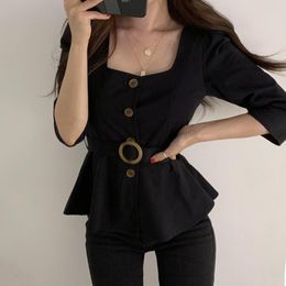 Korejpaa Women Shirt Summer Korean Retro Square Collar Exposed Clavicle Single-Breasted Buckle Belted Puff Sleeve Blouses 210526