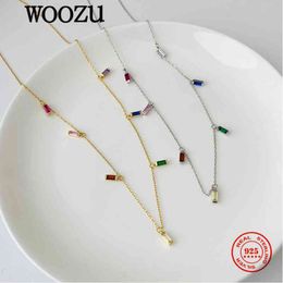 WOOZU Real 925 Sterling Silver Rainbow Square Colourful Zircon Chain Clavicle Necklace For Women Wedding European Fashion Jewellery