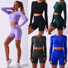 Women's Tracksuits Women Tracksuit Sexy 2 Pcs Clothes Fitness Suit Yoga Sets Female Long Sleeves Shirts Sport Tight Cycling Shorts For Gym R