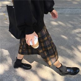 Vintage Plaid Pleated Long Skirts High Waist Winter Women Korean Woollen Skirt Streetwear Drawstring Elastic Waist Midi Skirt 210310