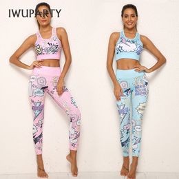 Cute Pink Printing Yoga Set Women Workout Gym Outfit Sets Sport Fitness Crop Top Leggings Running Ladies Suit 2 Piece