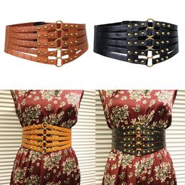 Belts Ladies Retro Gothic Stretch Rivets Metal Hoops Waist Belt Hollow Wide Leather Corset Dress Waistband