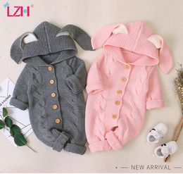 Autumn Newborn Baby Clothes Cardigan Hooded Baby Rompers Baby Girl Boy Clothes Fashion Infant Costume Kids Toddler Knit Jumpsuit 210226