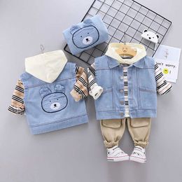 Spring Autumn Baby Boys Girls Cotton Clothes Children Shirts Denim vest hoodies Pants 3Pcs/sets Outfit Kids Toddler Casual sets X0902