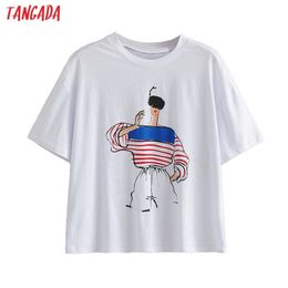 Tangada Women Print Cotton T Shirt Short Sleeve O Neck Tees Ladies Casual Tee Street Wear Top AI59 210623