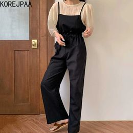 Korejpaa Women Set Summer Ladies Gentle Pleated Short-Sleeved Shirt Drawstring Ties Waist Suspenders Trousers 210526