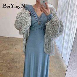 Beiyingni Korean Elegant Women Maxi Dress Solid Colour Ruched Bust Crossed V-neck Full Sleeve Sexy Club Dresses Ladies Vestidos Y1204