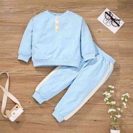 Winter Children Sets Long Sleeve O Neck Button T-shirt Patchwork Blue Trousers Cute 2Pcs Girls Boys Clothes 18M-6T 210629