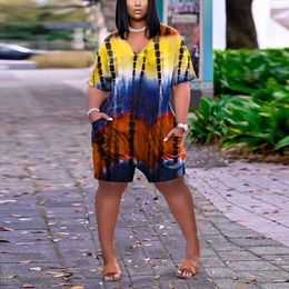 Women Plus Size Oversize Tie Dye Printed Short Sleeve V-neck Romper 210702