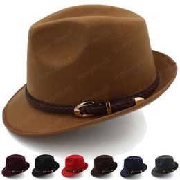 Autumn Winter Women Men Curled Wool Cap Vintage Solid Colour Felt Fedora Hat With Weave Belt Stingy Brim Hat For Lady Korean Jazz Caps