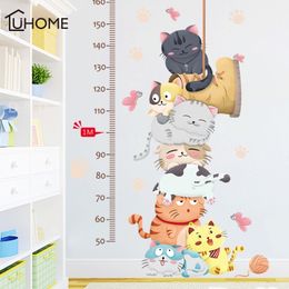Cartoon Cat Animals Measure Wall Stickers for Kids Rooms Kindergarten Height Chart Ruler Decals Nursery Home Decor 210310