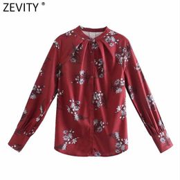 Zevity Women Fashion Pleats O Neck Flower Print Casual Shirt Office Lady Business Blouse Roupas Chic Femininas Tops LS7607 210603