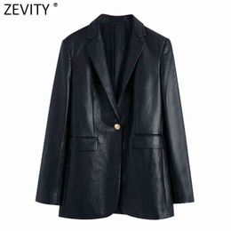 Zevity Women Fashion Single Metal Button Faux Leather Suits Coat Female Chic Long Sleeve PU Outwear Blazer Jackets Tops CT782 211118